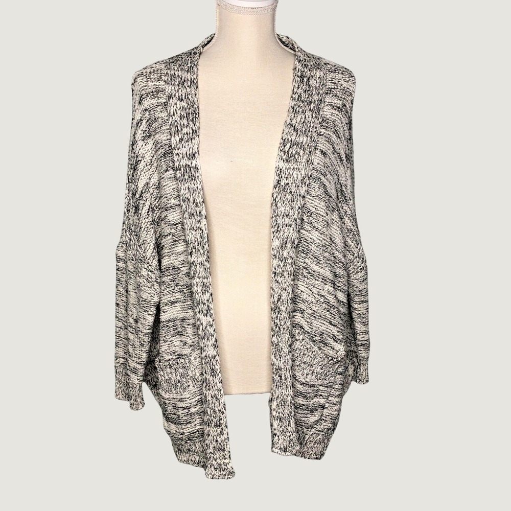 Zara Cardigan Medium Black White Marled Knit Oversized Open Front Dolman Sleeve